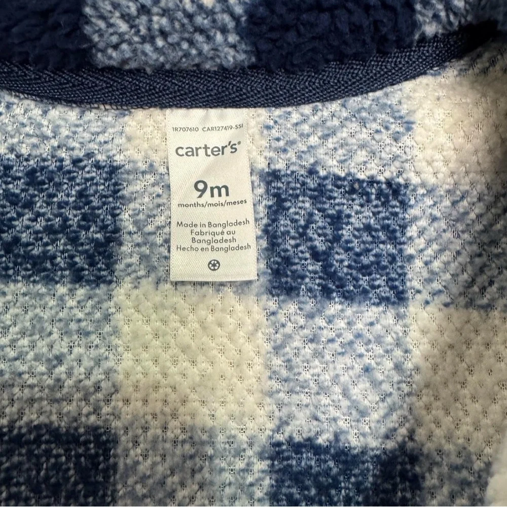 Carter's Baby Bodysuit Sz‎ 9 Months Blue White Plaid Checkered Winter Fleece Zip